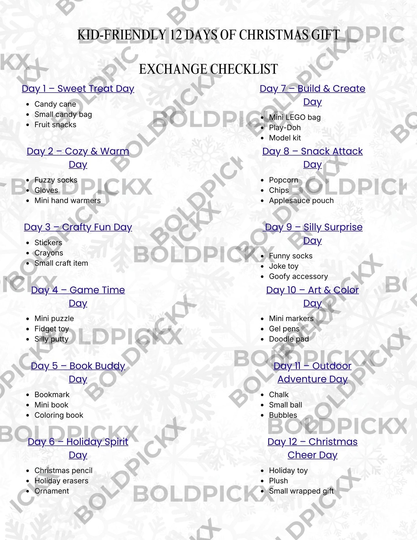 Kids - Themed 12 Days of Christmas Gift Exchange List