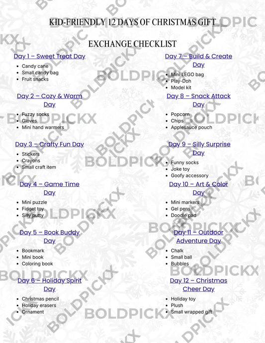 Kids - Themed 12 Days of Christmas Gift Exchange List