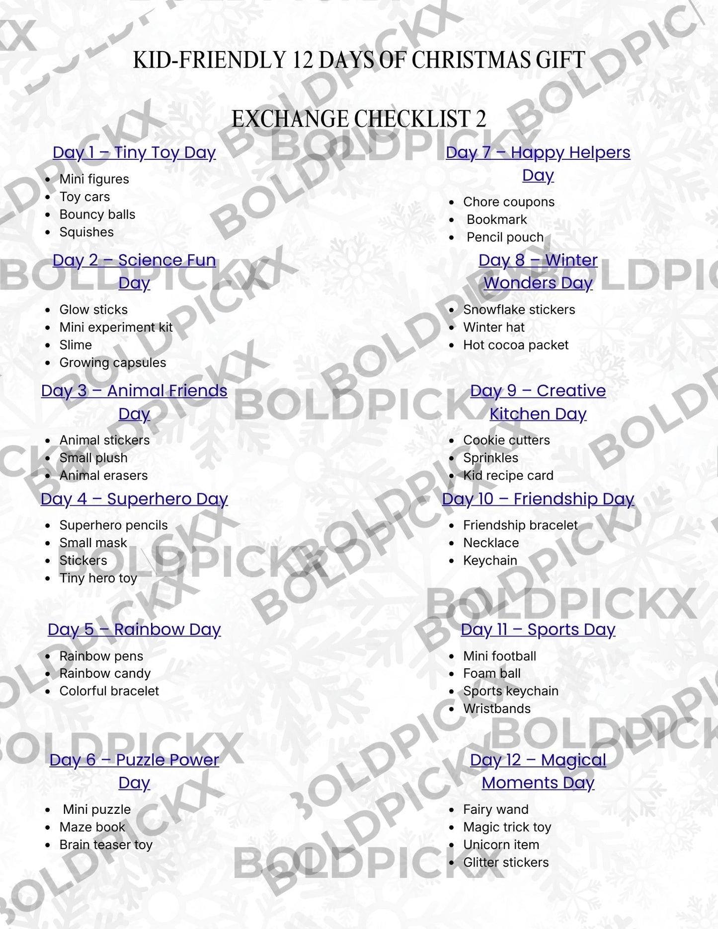 Kids - Themed 12 Days of Christmas Gift Exchange List