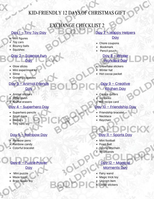 Kids - Themed 12 Days of Christmas Gift Exchange List